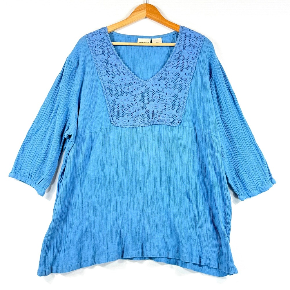 Vermont Country Store Tunic Women 2X Blue Lace Bib Crinkle Cotton Cottagecore